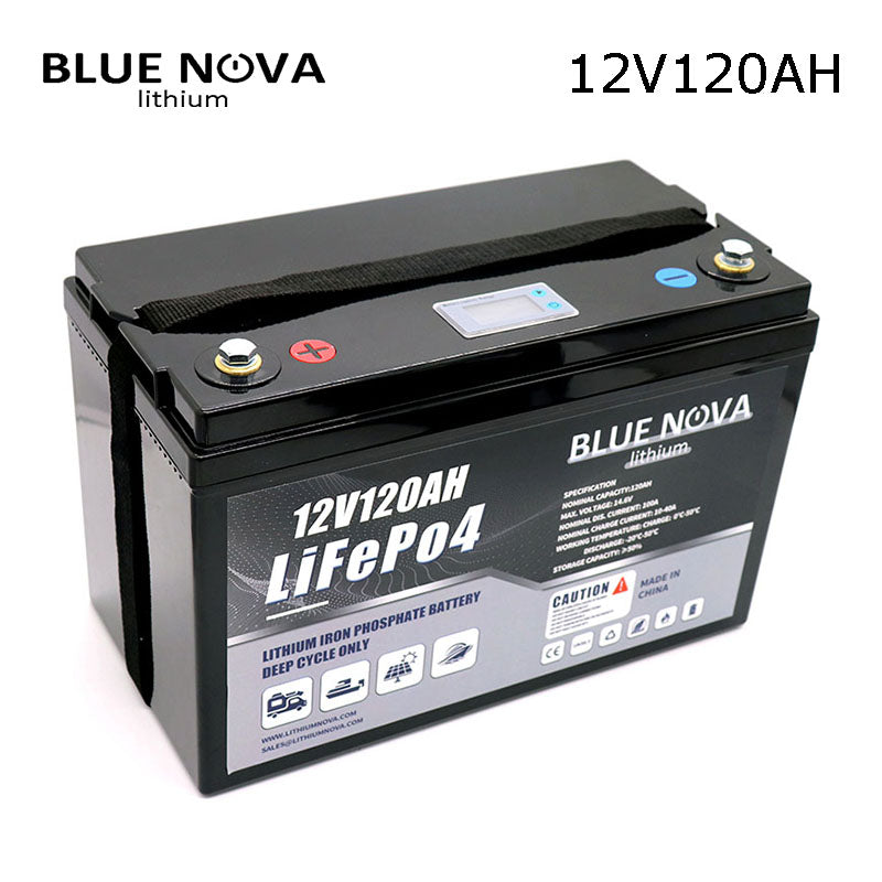 BlueNova Lithium 12V120AH LiFePo4 RV Battery built with BMS and LCD gauge take your next RV Travel to Optimal