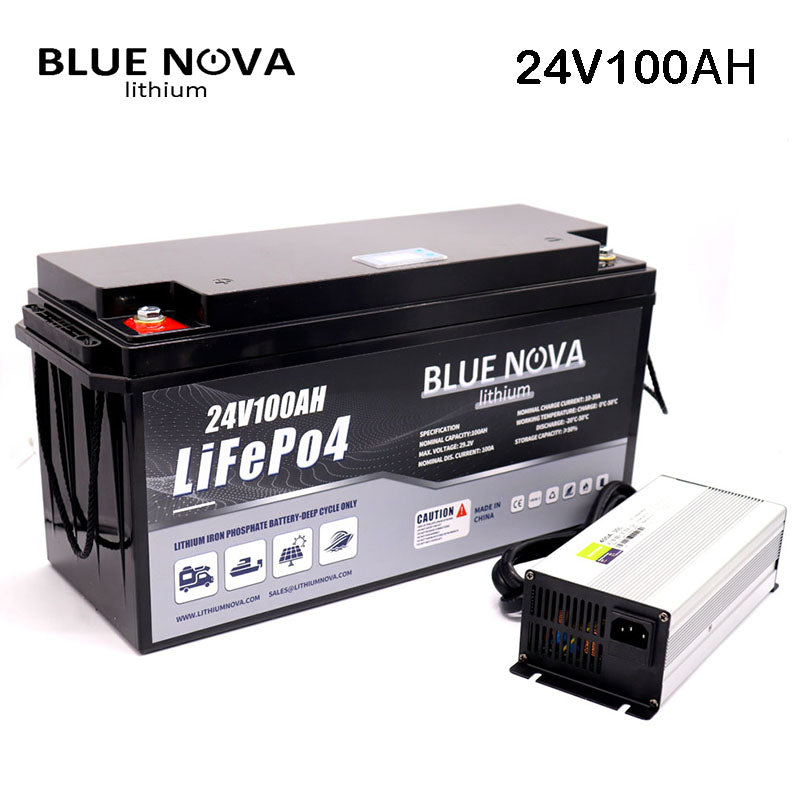 BlueNova Lithium 24V100AH LifePo4 Trolling Boat Battery built with LCD gauge and 20A fast Charger covered with 10year Warranty