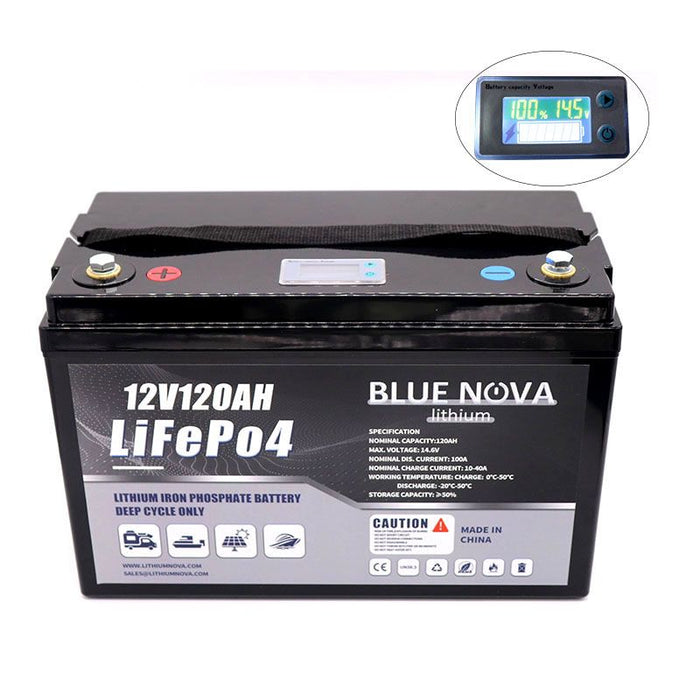 bluenova lithium 12v120ah with built-in BMS and LCD gauge