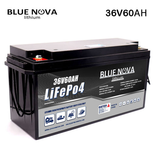 BlueNova Lithium 36V 60ah Trolling boat battery with 20A charger and LCD gauge